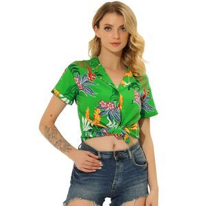 Hawaiian Shirts Floral Top Leaves Print Short Sleeve Tropical Grass Green